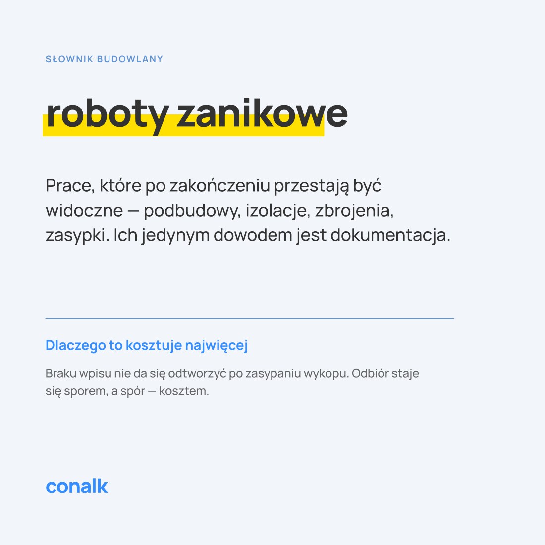 Post LinkedIn — słownik budowlany: roboty zanikowe
