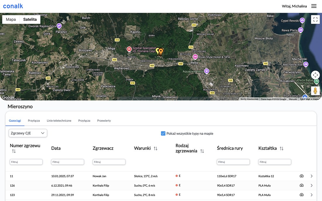 Conalk — panel webowy, mapa przebiegu sieci